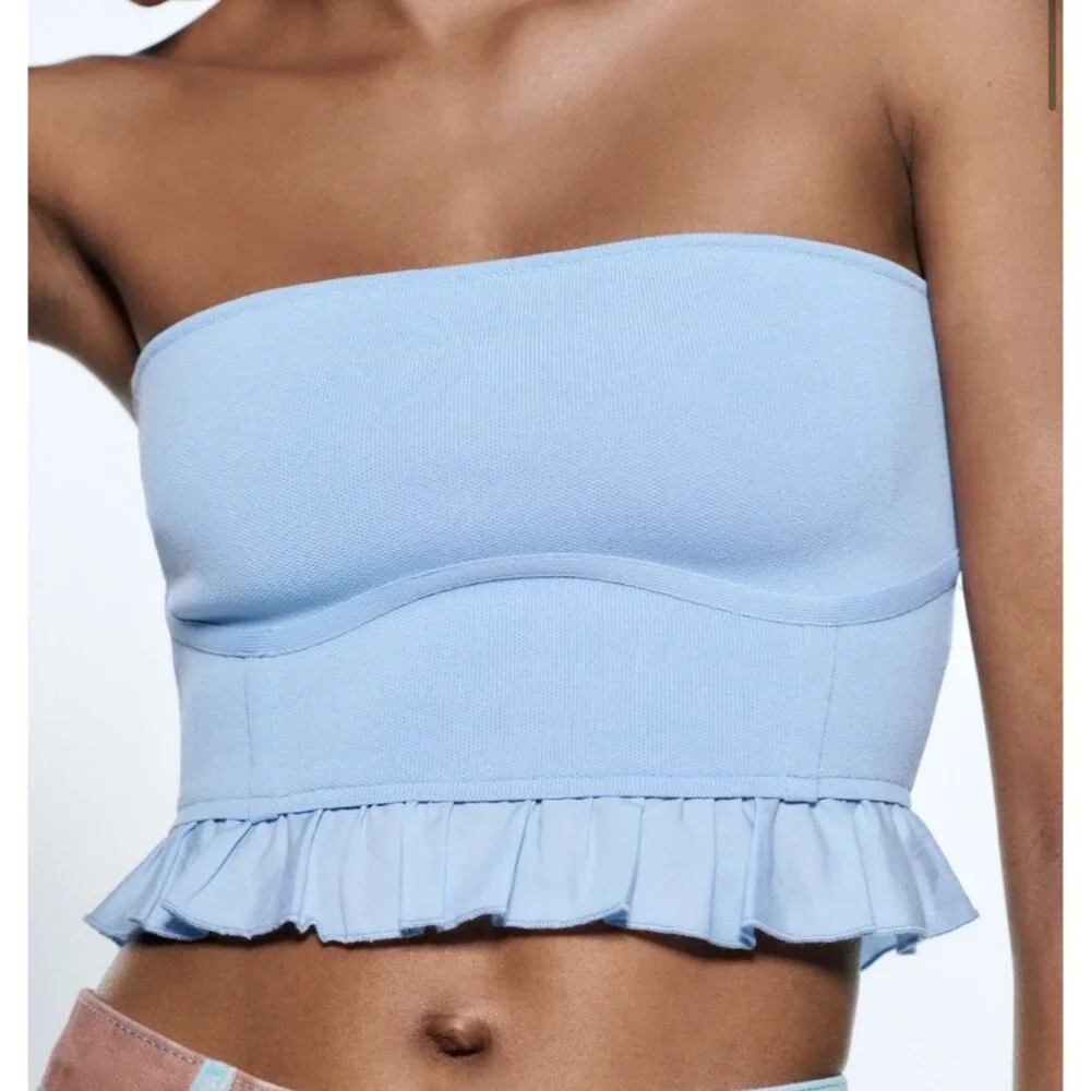 Zara Light Blue Ruffle Corset Bandeau Crop Top | Coastal Cowgirl Balletcore Boho - Picture 15 of 16